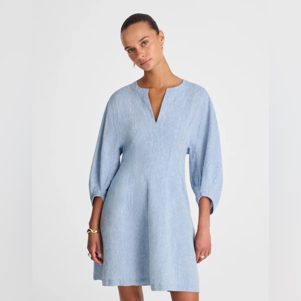 Madewell Splitneck Mini Dress in 100% Linen - Sunfaded Blue - Size 00 - Picture 2 of 15